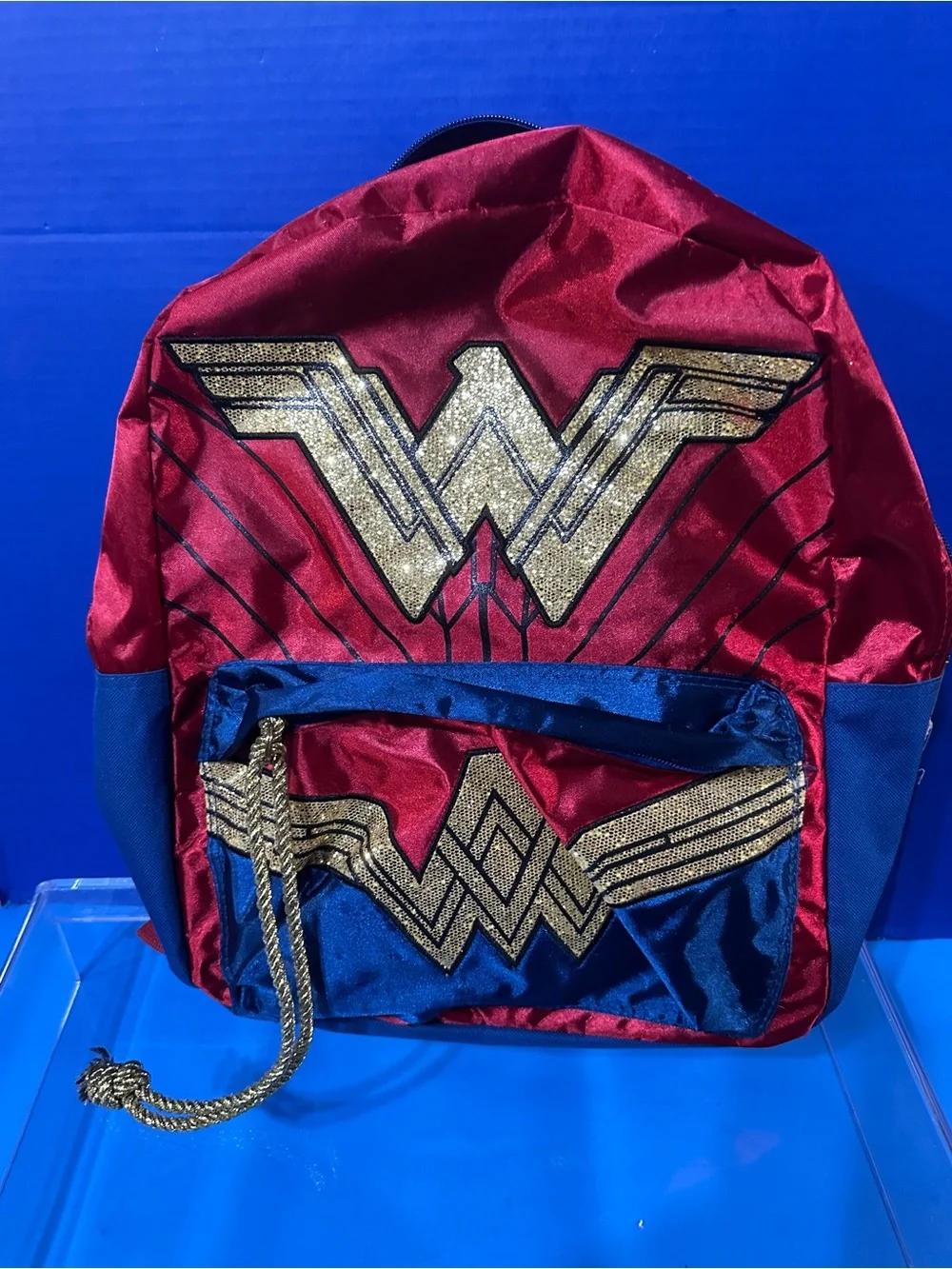 DC Comics Wonder Woman Super Hero Red & Blue Glitter Logo Backpack Adj Straps